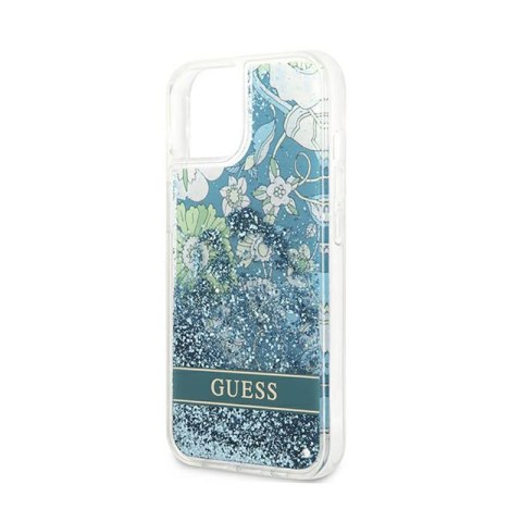 Guess Liquid Glitter Flower - Etui iPhone 13 mini (niebieski/zielony)