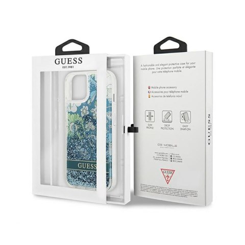 Guess Liquid Glitter Flower - Etui iPhone 13 mini (niebieski/zielony)