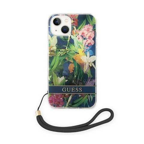Guess Flower Cord - Etui ze smyczką iPhone 14 (niebieski) Guess Flower Cord - Etui ze smyczką iPhone 14 (niebieski)