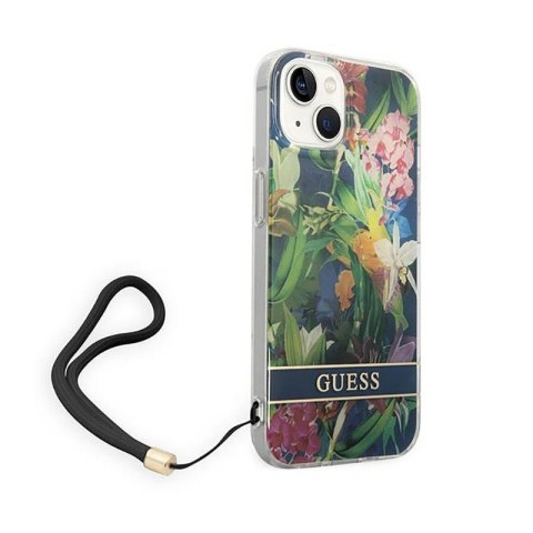 Guess Flower Cord - Etui ze smyczką iPhone 14 (niebieski) Guess Flower Cord - Etui ze smyczką iPhone 14 (niebieski)