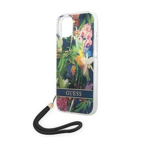 Guess Flower Cord - Etui ze smyczką iPhone 14 (niebieski) Guess Flower Cord - Etui ze smyczką iPhone 14 (niebieski)