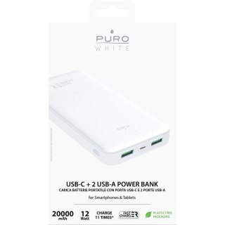 PURO White Fast Charger Power Bank - Power bank dla smartfonów i tabletów 20000 mAh, 2xUSB-A + 1xUSB-C (biały)