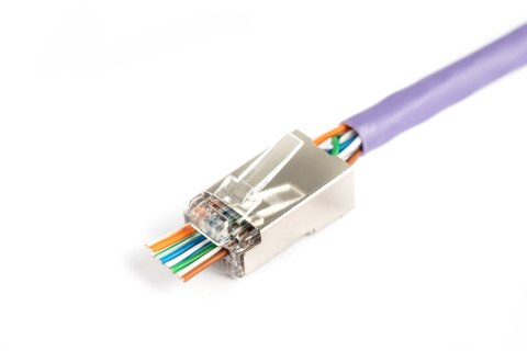 Wtyk RJ45 (8P8C) przelotowy, kat.5e, ekranowany, AWG 26-24, opakowanie 100 szt. Wtyk RJ45 (8P8C) przelotowy, kat.5e, ekranowany, AWG 26-24, opakowanie 100 szt.