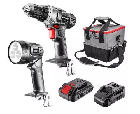 Zestaw narzędzi akumulatorowych Graphite wiertarko-wkrętarka, latarka, torba, akumulator Energy+ 18V i ładowarka Zestaw narzędzi akumulatorowych Graphite wiertarko-wkrętarka, latarka, torba, akumulator Energy+ 18V i ładowarka