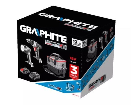 Zestaw narzędzi akumulatorowych Graphite wiertarko-wkrętarka, latarka, torba, akumulator Energy+ 18V i ładowarka Zestaw narzędzi akumulatorowych Graphite wiertarko-wkrętarka, latarka, torba, akumulator Energy+ 18V i ładowarka