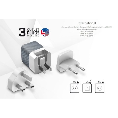 Energizer Ultimate - Ładowarka sieciowa Multiplug EU / UK / US GaN USB-C & USB-A 38W PD + QC3.0 (Srebrny) Energizer Ultimate - Ładowarka sieciowa Multiplug EU / UK / US GaN USB-C & USB-A 38W PD + QC3.0 (Srebrny)