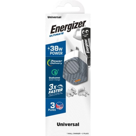 Energizer Ultimate - Ładowarka sieciowa Multiplug EU / UK / US GaN USB-C & USB-A 38W PD + QC3.0 (Srebrny) Energizer Ultimate - Ładowarka sieciowa Multiplug EU / UK / US GaN USB-C & USB-A 38W PD + QC3.0 (Srebrny)