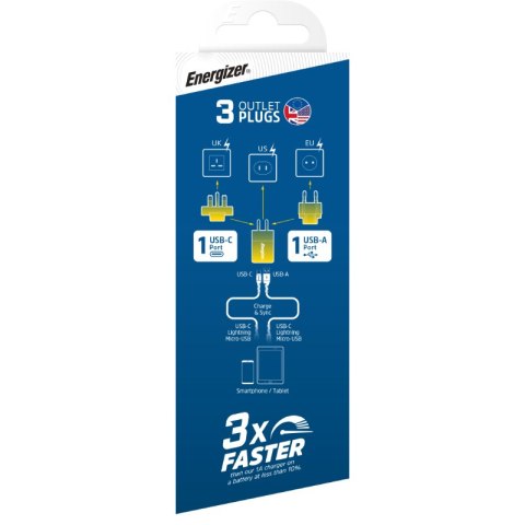 Energizer Ultimate - Ładowarka sieciowa Multiplug EU / UK / US GaN USB-C & USB-A 38W PD + QC3.0 (Srebrny) Energizer Ultimate - Ładowarka sieciowa Multiplug EU / UK / US GaN USB-C & USB-A 38W PD + QC3.0 (Srebrny)