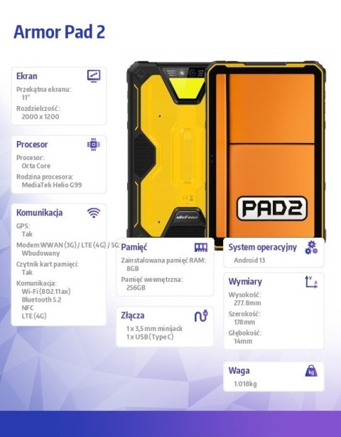 Tablet Armor Pad 2 11 cali 8/256GB 18600 mAh czarno-żółty