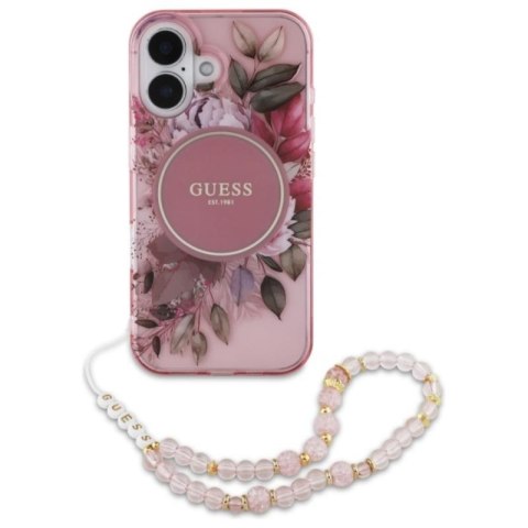 Guess IML Flowers With Pearl Strap MagSafe - Etui iPhone 16 Plus (różowy) Guess IML Flowers With Pearl Strap MagSafe - Etui iPhone 16 Plus (różowy)