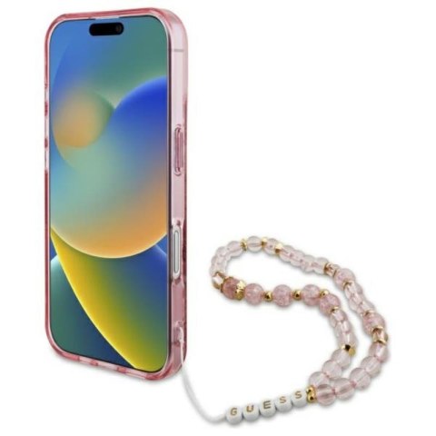 Guess IML Flowers With Pearl Strap MagSafe - Etui iPhone 16 Plus (różowy) Guess IML Flowers With Pearl Strap MagSafe - Etui iPhone 16 Plus (różowy)