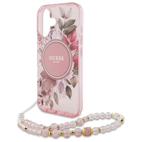 Guess IML Flowers With Pearl Strap MagSafe - Etui iPhone 16 Plus (różowy) Guess IML Flowers With Pearl Strap MagSafe - Etui iPhone 16 Plus (różowy)