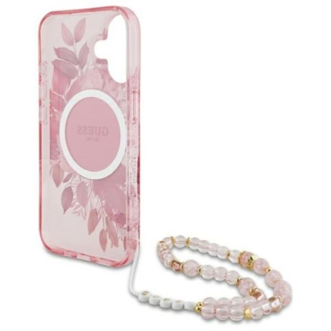 Guess IML Flowers With Pearl Strap MagSafe - Etui iPhone 16 Plus (różowy) Guess IML Flowers With Pearl Strap MagSafe - Etui iPhone 16 Plus (różowy)