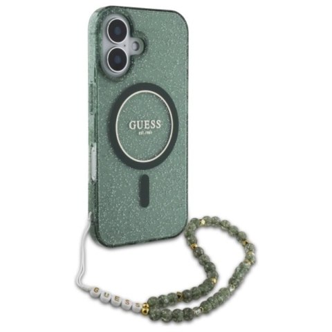 Guess IML Glitter With Pearl Strap MagSafe - Etui iPhone 16 Plus (zielony) Guess IML Glitter With Pearl Strap MagSafe - Etui iPhone 16 Plus (zielony)