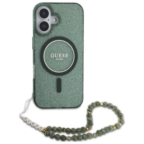 Guess IML Glitter With Pearl Strap MagSafe - Etui iPhone 16 (zielony) Guess IML Glitter With Pearl Strap MagSafe - Etui iPhone 16 (zielony)