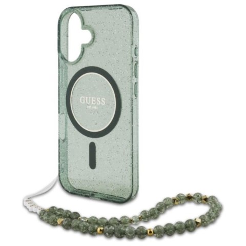Guess IML Glitter With Pearl Strap MagSafe - Etui iPhone 16 (zielony) Guess IML Glitter With Pearl Strap MagSafe - Etui iPhone 16 (zielony)