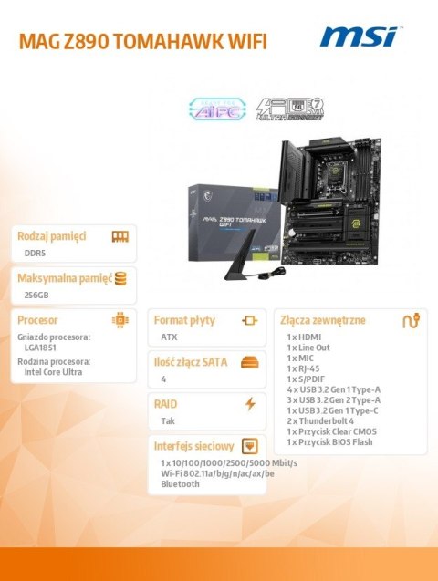 Płyta główna MAG Z890 TOMAHAWK WIFI s1851 4DDR5 ATX Płyta główna MAG Z890 TOMAHAWK WIFI s1851 4DDR5 ATX