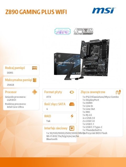 Płyta główna Z890 GAMING PLUS WIFI s1851 4DDR5 ATX Płyta główna Z890 GAMING PLUS WIFI s1851 4DDR5 ATX