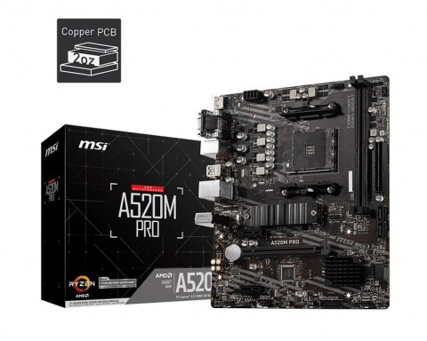 Płyta główna A520M PRO AM4 2DDR4 DP/VGA/HDMI USB 3.2 mATX Płyta główna A520M PRO AM4 2DDR4 DP/VGA/HDMI USB 3.2 mATX