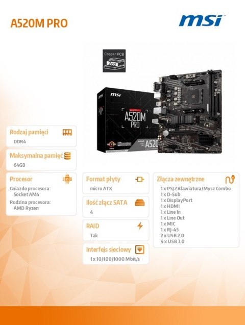 Płyta główna A520M PRO AM4 2DDR4 DP/VGA/HDMI USB 3.2 mATX Płyta główna A520M PRO AM4 2DDR4 DP/VGA/HDMI USB 3.2 mATX