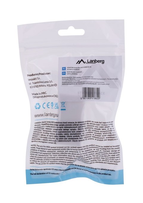 LANBERG ZŁĄCZKA SIECIOWA PRZELOTKA 2X RJ45 KAT.6 UTP AD-RJ45-RJ45-OU6 LANBERG ZŁĄCZKA SIECIOWA PRZELOTKA 2X RJ45 KAT.6 UTP AD-RJ45-RJ45-OU6