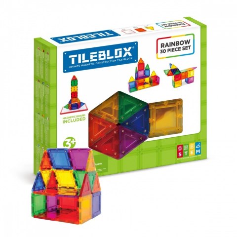 Klocki magnetyczne Tileblox Zestaw tęczowy z tablicą magnetyczną 30 elementów Klocki magnetyczne Tileblox Zestaw tęczowy z tablicą magnetyczną 30 elementów