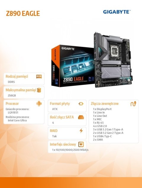 Płyta główna Z890 EAGLE s1851 4DDR5 DP/TB4 ATX Płyta główna Z890 EAGLE s1851 4DDR5 DP/TB4 ATX