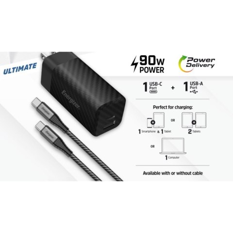 Energizer Ultimate - Ładowarka sieciowa Multiplug EU / UK / US GaN USB-C & USB-A 90W PD + Kabel USB-C (Czarny) Energizer Ultimate - Ładowarka sieciowa Multiplug EU / UK / US GaN USB-C & USB-A 90W PD + Kabel USB-C (Czarny)