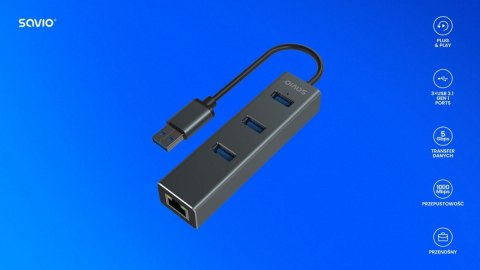Hub AK-58 3-portowy USB-A 3.1 Gen 1 z adapterem RJ-45 Gigabit Ethernet, Ak-58