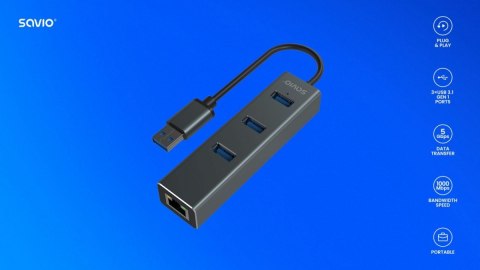 Hub AK-58 3-portowy USB-A 3.1 Gen 1 z adapterem RJ-45 Gigabit Ethernet, Ak-58