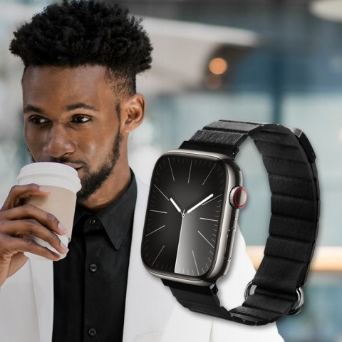Crong Eclipse - Skórzany pasek magnetyczny Apple Watch 42/44/45/46/49 mm (czarny)