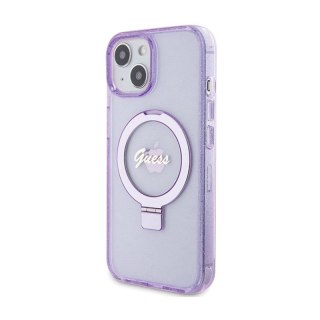 Guess Ring Stand Script Glitter MagSafe - Etui iPhone 15 (fioletowy)