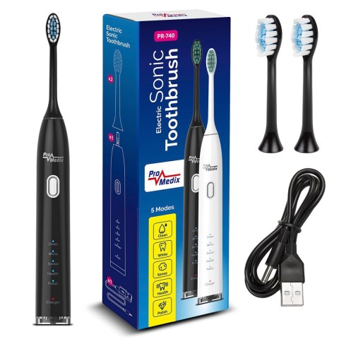 Szczoteczka soniczna do zębów Promedix, kolor czarny,, 5 trybów, timer, wskaźnik poziomu nał. baterii, 2 końcówki, kabel USB, P Szczoteczka soniczna do zębów Promedix, kolor czarny,, 5 trybów, timer, wskaźnik poziomu nał. baterii, 2 końcówki, kabel USB, P