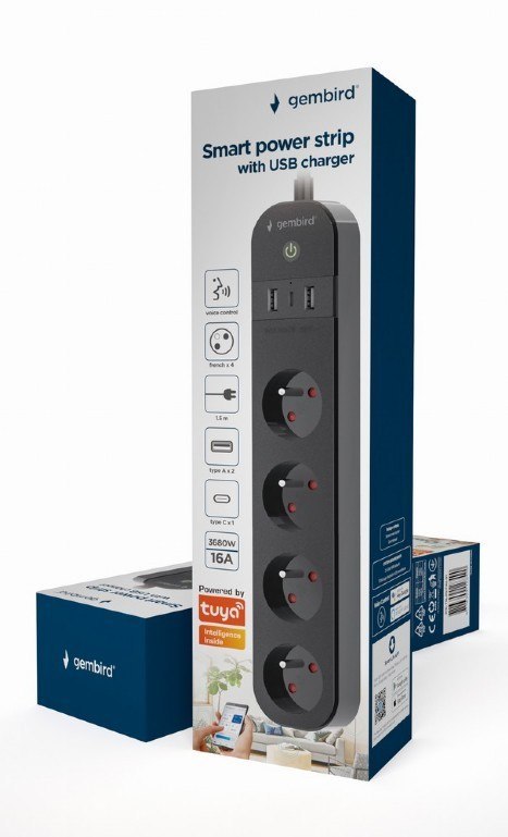 Inteligentna listwa Tuya 4xFR 2xUSB-A 1xUSB-C Czarna Inteligentna listwa Tuya 4xFR 2xUSB-A 1xUSB-C Czarna