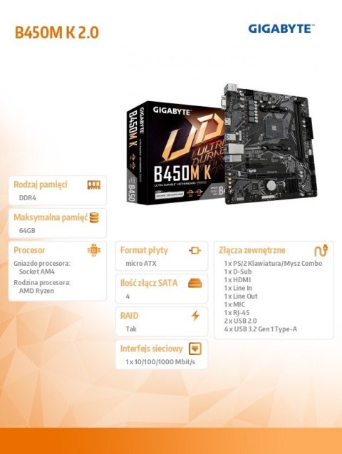 Płyta główna B450M K AM4 2DDR4 HDMI USB 3.2 M.2 uATX Płyta główna B450M K AM4 2DDR4 HDMI USB 3.2 M.2 uATX