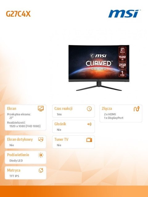 Monitor 27 cali G27C4X VA CURVED/LED/FHD/NonTouch/250Hz Monitor 27 cali G27C4X VA CURVED/LED/FHD/NonTouch/250Hz