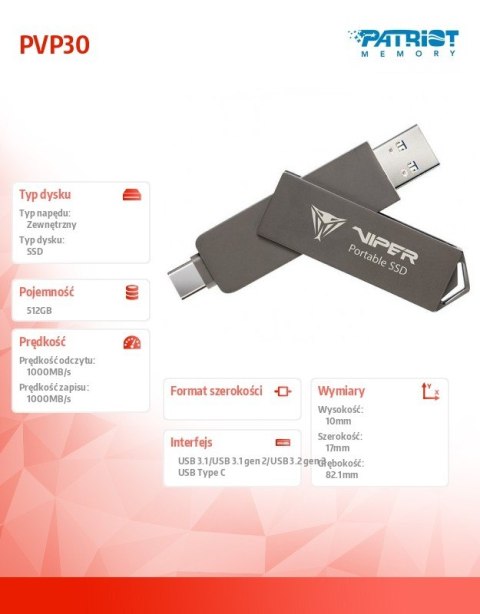 Dysk zewnętrzny SSD 512GB PVP30 Duo Compact 1000/1000 MB/s USB 3.2 USB-C