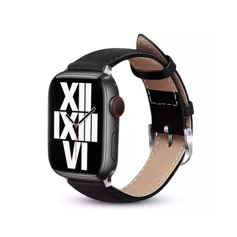 Crong Noble Band - Pasek z naturalnej skóry do Apple Watch 42/44/45/46/49 mm (Black Noir)