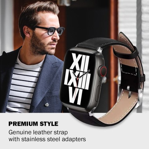 Crong Noble Band - Pasek z naturalnej skóry do Apple Watch 42/44/45/46/49 mm (Black Noir)