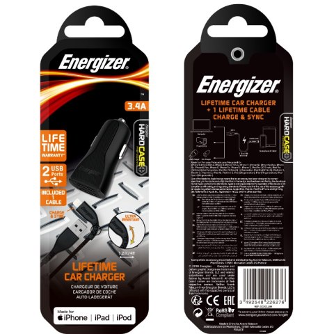 Energizer HardCase - Ładowarka samochodowa 2x USB-A 17W 3.4A + Kabel Lightning certyfikat MFi (Czarny) Energizer HardCase - Ładowarka samochodowa 2x USB-A 17W 3.4A + Kabel Lightning certyfikat MFi (Czarny)