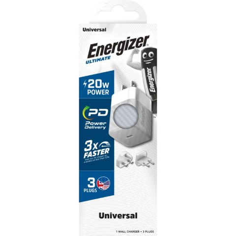 Energizer Ultimate - Ładowarka sieciowa Multiplug EU / UK / US GaN USB-C 20W PD (Srebrny) Energizer Ultimate - Ładowarka sieciowa Multiplug EU / UK / US GaN USB-C 20W PD (Srebrny)