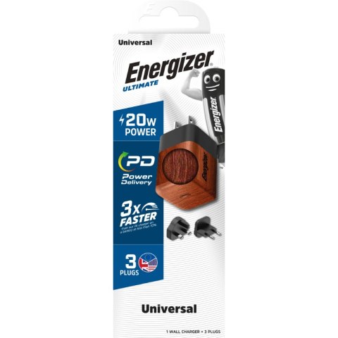 Energizer Ultimate - Ładowarka sieciowa Multiplug EU / UK / US GaN USB-C 20W PD (Walnut burl) Energizer Ultimate - Ładowarka sieciowa Multiplug EU / UK / US GaN USB-C 20W PD (Walnut burl)