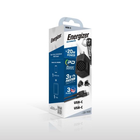 Energizer Ultimate - Ładowarka sieciowa Multiplug EU / UK / US GaN USB-C 20W PD + kabel USB-C (Czarny) Energizer Ultimate - Ładowarka sieciowa Multiplug EU / UK / US GaN USB-C 20W PD + kabel USB-C (Czarny)