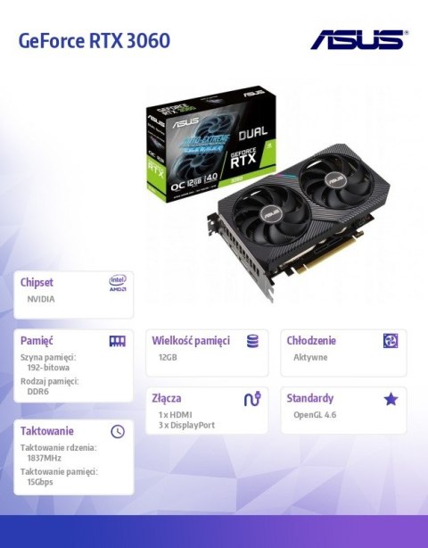 Karta graficzna GeForce RTX 3060 DUAL OC V2 12GB GDDR6 192bit 3DP/HDMI Karta graficzna GeForce RTX 3060 DUAL OC V2 12GB GDDR6 192bit 3DP/HDMI