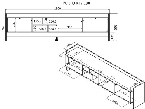 Szafka RTV PORTO 3D 190x38x50 dąb/czarny Szafka RTV PORTO 3D 190x38x50 dąb/czarny