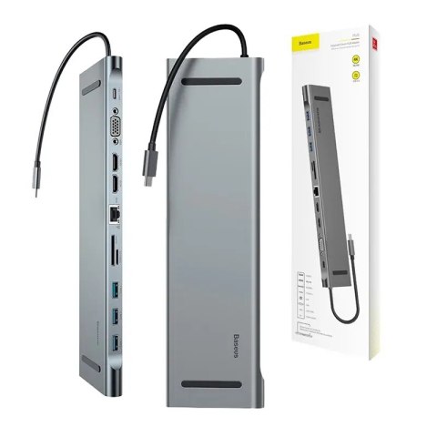Adapter 11w1 Baseus Enjoyment, HUB USB-C do 2x HDMI, 3x USB 3.0, VGA, RJ45, USB-C PD, SD/microSD, jack 3,5mm