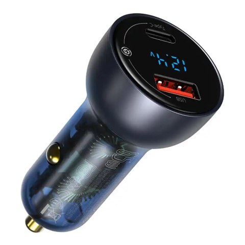 Ładowarka samochodowa Baseus Particular Digital Display z wyświetlaczem, USB + USB-C, QC3.0+PD, 5A, 65W (szara) + kabel USB-C 1m