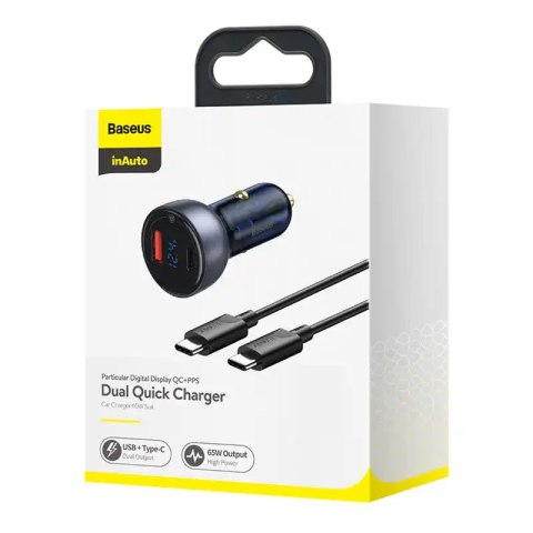 Ładowarka samochodowa Baseus Particular Digital Display z wyświetlaczem, USB + USB-C, QC3.0+PD, 5A, 65W (szara) + kabel USB-C 1m