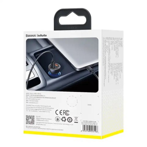 Ładowarka samochodowa Baseus Particular Digital Display z wyświetlaczem, USB + USB-C, QC3.0+PD, 5A, 65W (szara) + kabel USB-C 1m