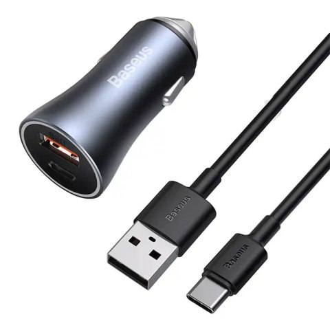 Ładowarka samochodowa Baseus Golden Contactor Pro, USB + USB-C, QC4.0+, PD, SCP, 40W (szara) + kabel USB do USB-C 1m (czarny)